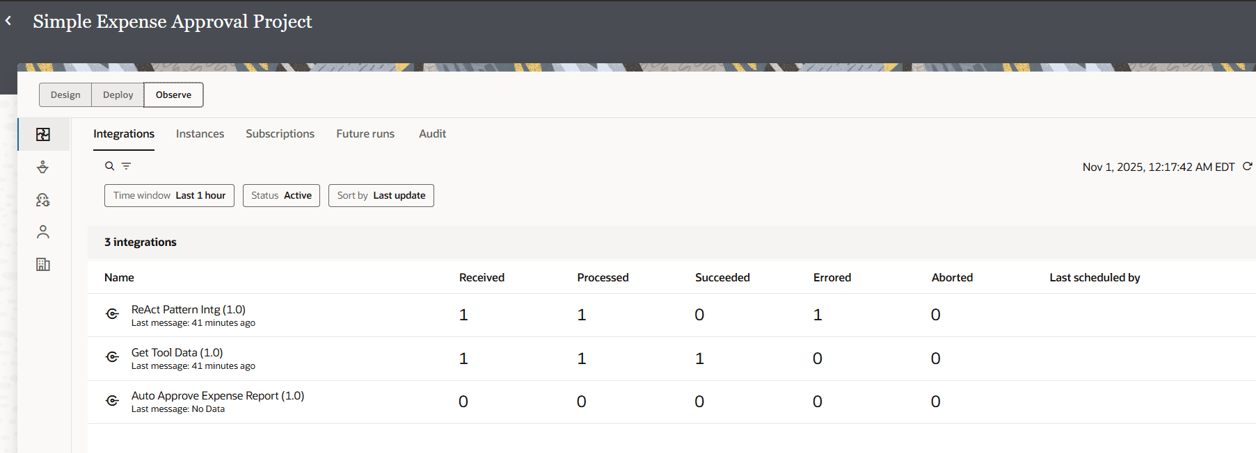 「簡易経費承認プロジェクト」、「統合」のタブを確認します。 「統合」タブには、ReAct「パターン統合」、「ツール・データの取得」および「経費精算書の自動承認」の3つの統合の統計が表示されます。各統合には、受信メッセージ、処理メッセージ、成功メッセージ、エラー・メッセージおよび中断メッセージの列があります。 ReAct「パターン統合」では、「エラー」の下に1があります。 