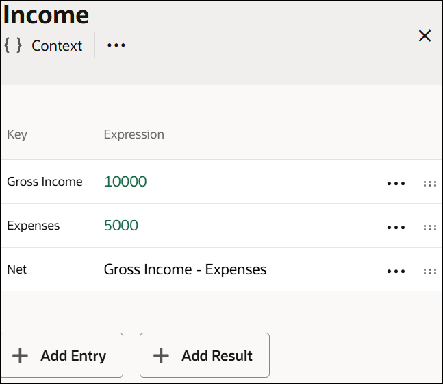 The image shows a decision called Income created using the Context notation without a result field. There are three context entries, and each context entry has a Key field and an Expression field. For the first entry, Gross Income is entered in the Key field and 10000 is entered in the Expression field. For the second entry, Expenses is entered in the Key field and 5000 is entered in the Expression field. For the third entry, Net is entered in the Key field and Gross Income - Expenses is entered in the Expression field. The image shows a decision called Income created using the Context notation without a result field. There are three context entries, and each context entry has a Key field and an Expression field. For the first entry, Gross Income is entered in the Key field and 10000 is entered in the Expression field. For the second entry, Expenses is entered in the Key field and 5000 is entered in the Expression field. For the third entry, Net is entered in the Key field and Gross Income - Expenses is entered in the Expression field.