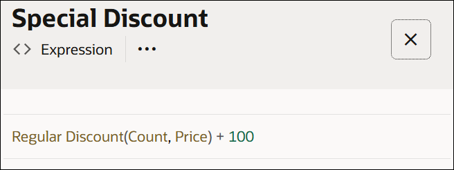 The image shows an Expression decision named Special Discount. The value entered in the expression field is Regular Discount(Count,Price) + 100. The image shows an Expression decision named Special Discount. The value entered in the expression field is Regular Discount(Count,Price) + 100.