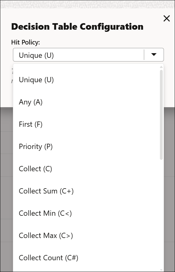 The image shows the expanded Hit Policy drop-down list. The options available in the list are Unique, Any, First, Priority, Collect, Collect Sum, Collect Min, Collect Max, and Collect Count. The image shows the expanded Hit Policy drop-down list. The options available in the list are Unique, Any, First, Priority, Collect, Collect Sum, Collect Min, Collect Max, and Collect Count.