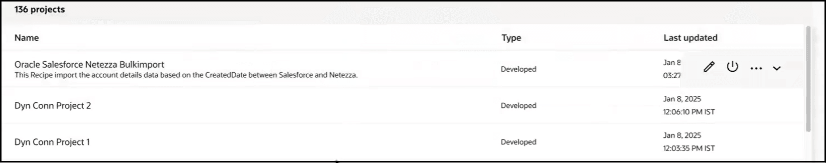 Dyn Conn Project 2およびDyn Conn Project 1プロジェクト名が、タイプおよび最終更新詳細とともに表示されます。
