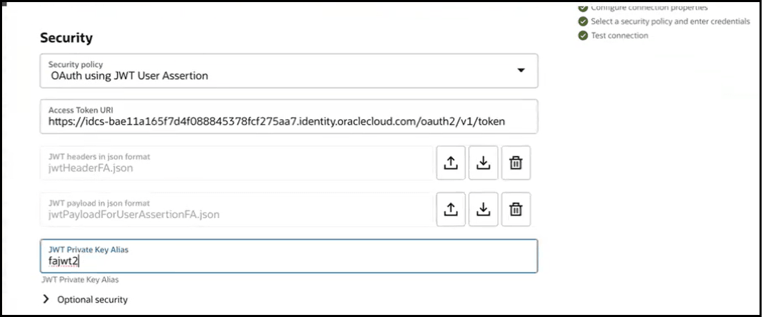 「セキュリティ」セクションには、セキュリティ・ポリシー、アクセス・トークンURI、json形式のJWTヘッダー、json形式のJWTペイロードおよびJWT秘密キー別名のフィールドが含まれます。 この下には、展開可能な「オプション」セキュリティ・セクションがあります。 