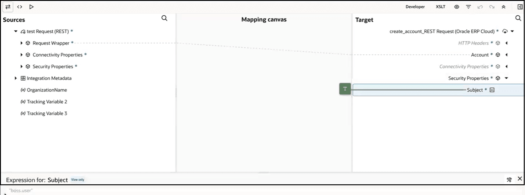 ソース、マッピング・キャンバスおよびターゲット・セクションが表示されます。 リクエスト・ラッパーが勘定科目にマップされています。 ターゲットのSubject要素は、boss.userのリテラル値で定義されます。 