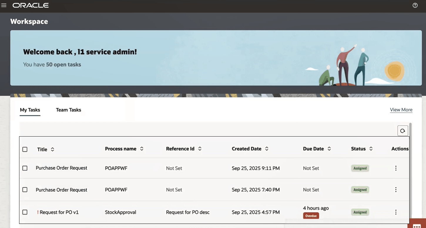 タイトル、作成日、期日、ステータスなどの情報を含むワークフロー・インスタンスを含むワークスペースの「自分のタスク」ページ。