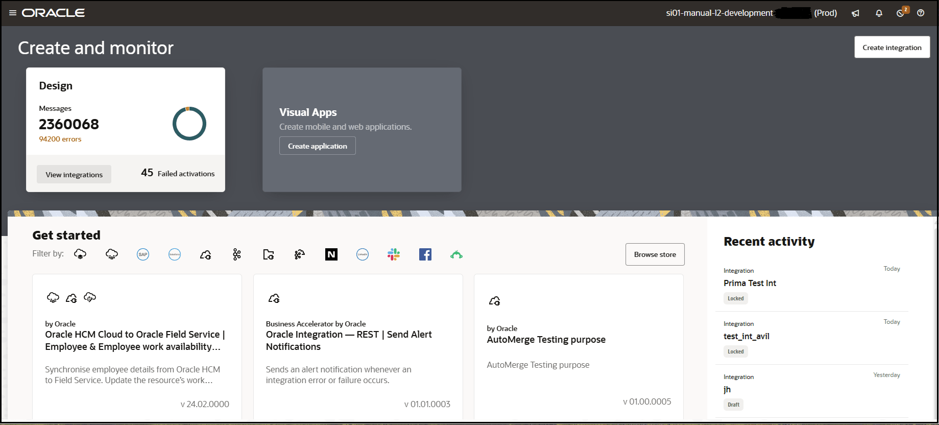 周囲のテキストで説明されているセクションを示すOracle Integration 3ホーム・ページ。