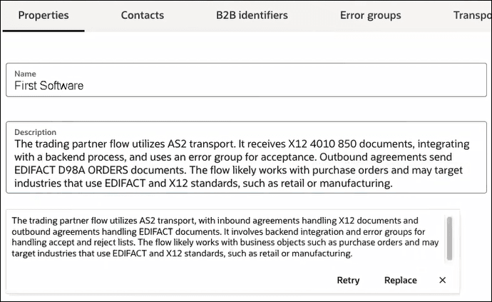 「プロパティ」タブには、「名前」および「説明」のフィールドが表示されます。 取引先摘要が表示されます。 「再試行」ボタンおよび「置換」ボタンが摘要の下部に表示されます。 「プロパティ」タブには、「名前」および「説明」のフィールドが表示されます。 取引先摘要が表示されます。 「再試行」ボタンおよび「置換」ボタンが摘要の下部に表示されます。