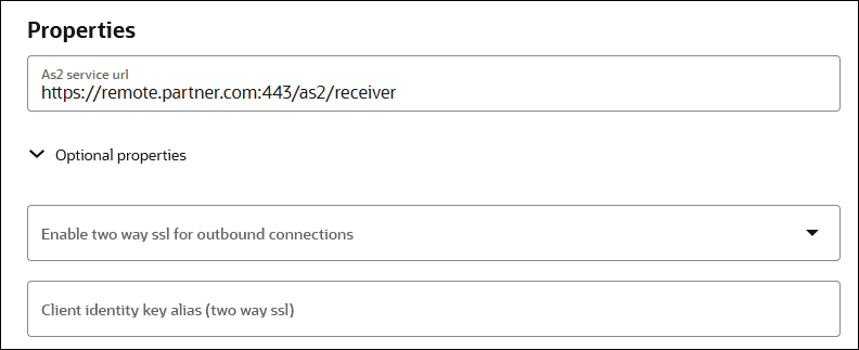 「接続プロパティ」セクションには、「AS2サーバーUR」フィールド、アウトバウンド接続フィールドの双方向SSLの有効化、およびクライアント・アイデンティティ・キー別名(「双方向SSL)」フィールド)が含まれます。