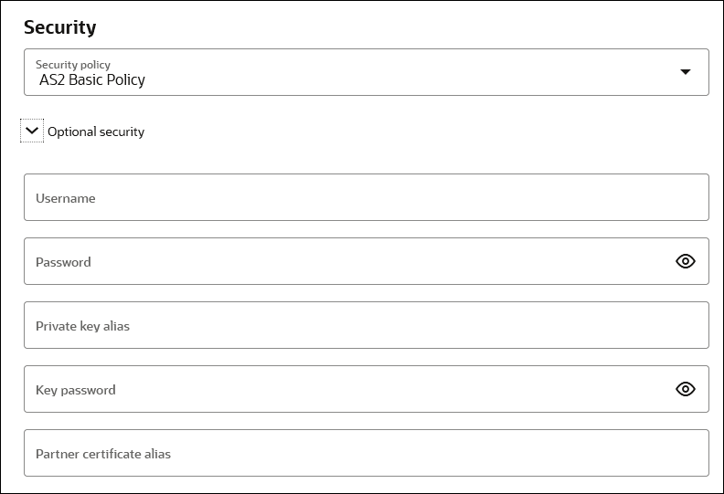 「セキュリティ」セクションには、「セキュリティ・ポリシー」フィールド(AS2 Basicポリシーが選択されている)、ユーザー名フィールド、パスワード・フィールド、「秘密キー別名」フィールド、「キー・パスワード」フィールドおよび「パートナ証明書別名」フィールドがあります。