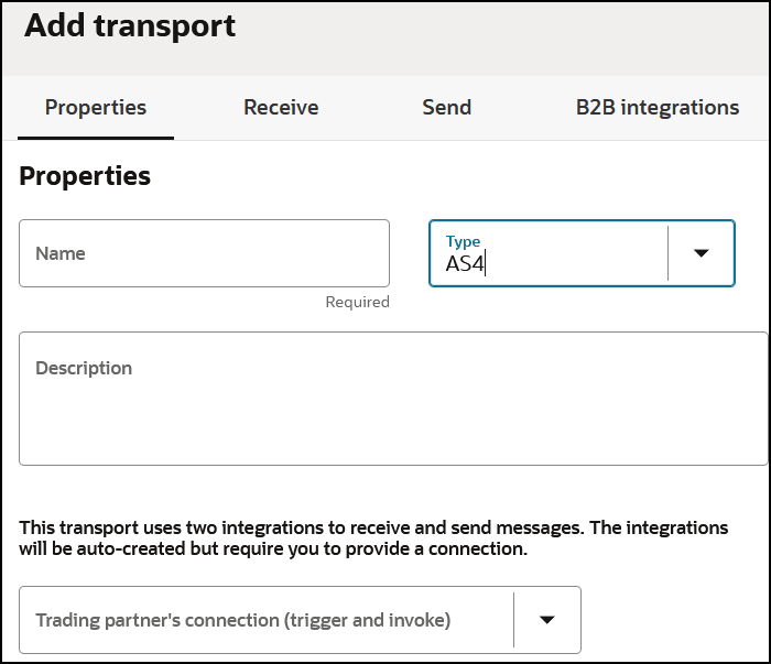 「トランスポートの追加」ページには、「プロパティ」、「受信」、「送信」およびB2B統合のタブが表示されます。 次に、名前、タイプおよび説明フィールドを示します。 取消および追加ボタンは右下にあります。 