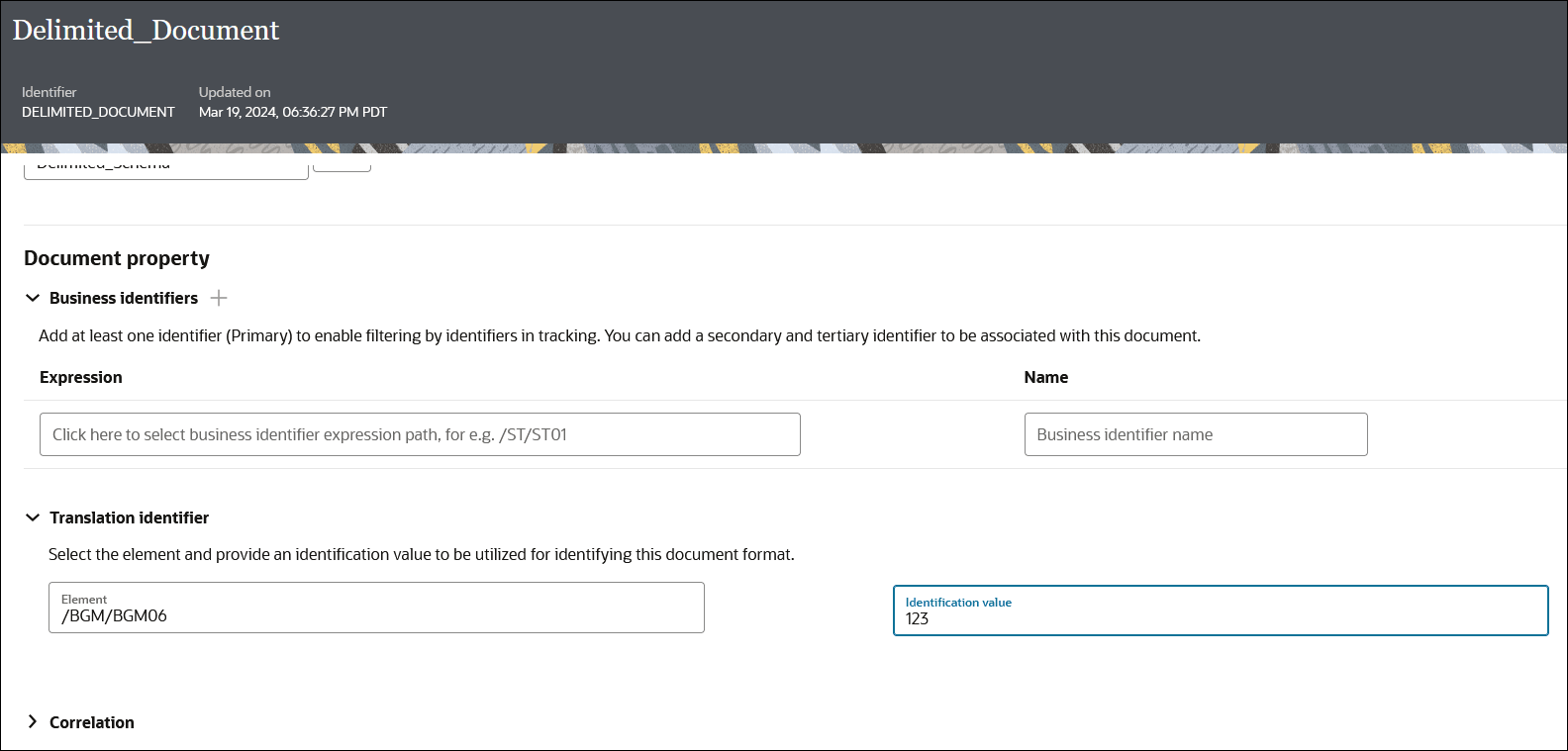 「ドキュメント」プロパティ・セクションが表示されます。 この項では、「ビジネス識別子」サブセクションと「式」および「名前」のフィールドについて説明します。 この下には「変換識別子」サブセクションがあり、「要素」および「識別子」タイプのフィールドがあります。 この下には「相関」サブセクションがあります。 