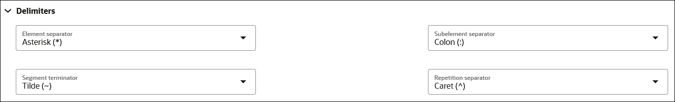 「デリミタ」セクションには、ドキュメント・セパレータ、ドキュメント終了記号、サブ要素セパレータおよび繰返しセパレータのフィールドが表示されます。