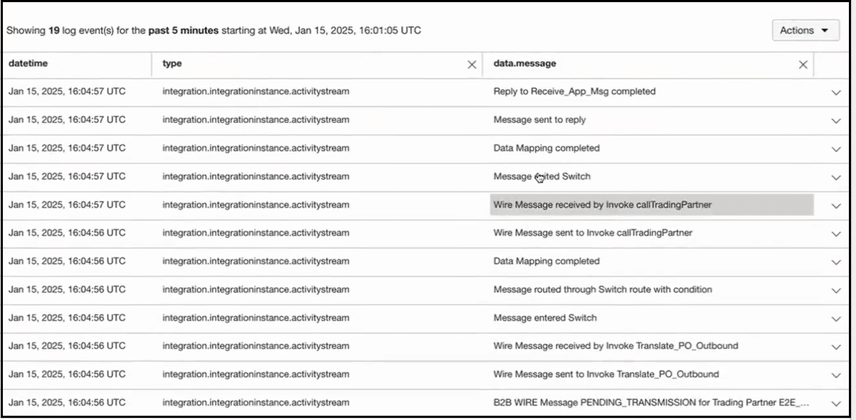 右上には「アクション」ドロップダウン・リストがあります。 この下には、日付、タイプおよびデータ・メッセージの列を含む表があります。 右端には、表内の各行の「展開」アイコンがあります。 