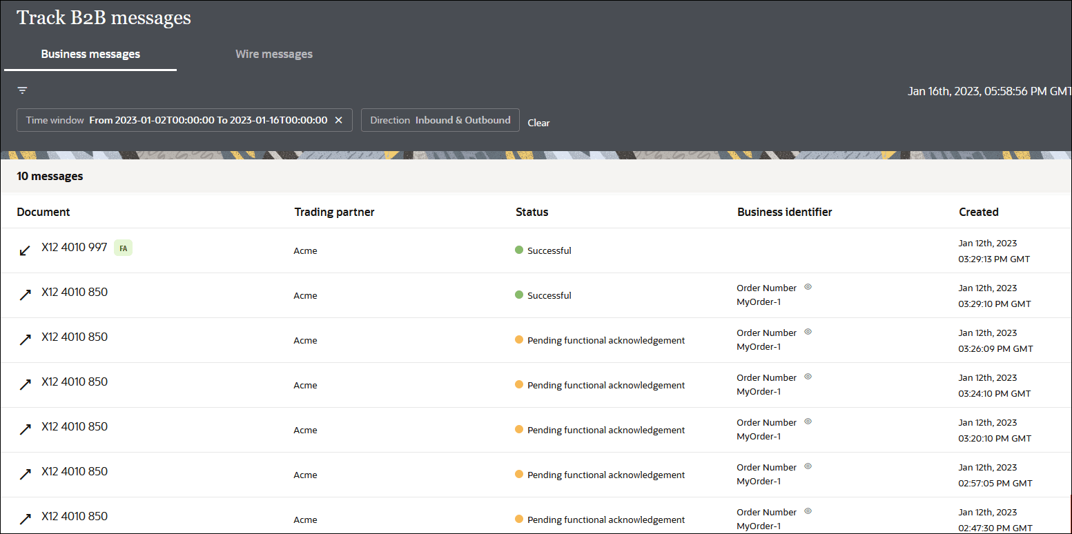使用状況メトリック、B2Bトラッキング(選択)および統合エントリが左側のナビゲーション・ペインに表示されます。 「B2Bメッセージの追跡」ページが表示されます。 次に、ビジネス・メッセージ(選択)およびワイヤー・メッセージのタブを示します。 メッセージ数は、2つの定義済フィルタおよびクリア・ボタンとともに表示されます。 この下には、文書、取引先、ステータス、ビジネス識別子および作成済の列がある表があります。 