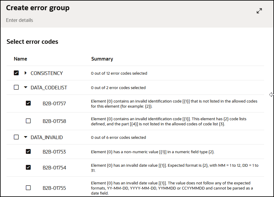 「エラー・コードの作成」ページには、「名前」および「サマリー」の列を含む表が表示されます。 「名前」列には、サポートされているカテゴリが表示されます。 カテゴリの中には選択されているものもありますが、他のカテゴリは展開されて、選択されて選択されていない個々のエラー・コードが表示されます。 
