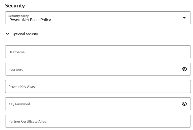 「セキュリティ」セクションには、「セキュリティ・ポリシー」フィールド(RosettaNet「基本ポリシー」が選択されている)、ユーザー名フィールド、「パスワード」フィールド、「秘密キー別名」フィールド、「キー・パスワード」フィールドおよび「パートナ証明書別名」フィールドが含まれます。
