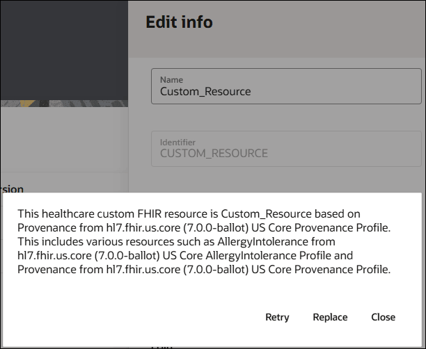 「情報の編集」パネルには、「名前」、「識別子」などのフィールドが表示されます。 カスタムFHIRリソースの説明が表示されます。 「再試行」ボタン、「置換」ボタンおよび「クローズ」ボタンが摘要の下部に表示されます。 