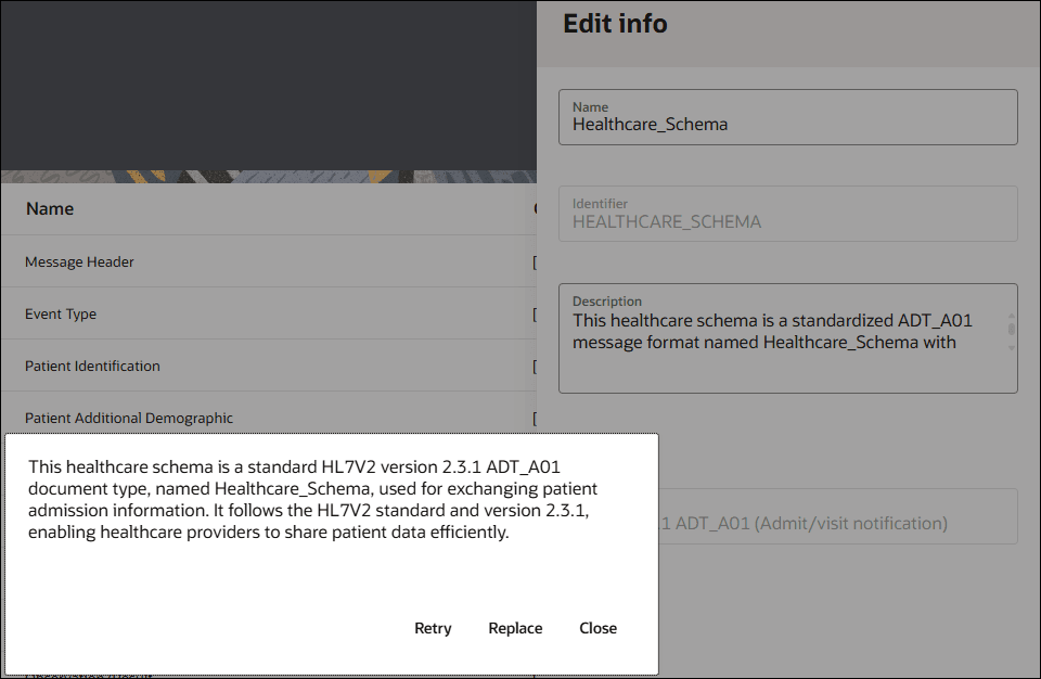 「情報の編集」パネルには、「名前」、「識別子」および「説明」のフィールドが表示されます。 healthcareスキーマの説明が表示されます。 「再試行」ボタン、「置換」ボタンおよび「クローズ」ボタンが摘要の下部に表示されます。 