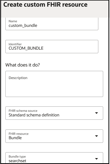 カスタムFHIRリソースの作成ページには、名前、識別子、説明、FHIRスキーマ・ソース、FHIRリソースおよびバンドル・タイプのフィールドが表示されます。