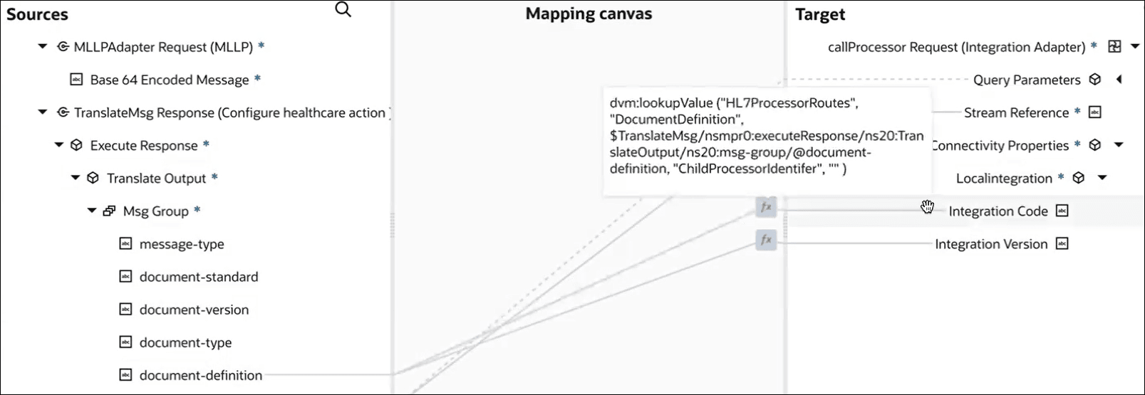 マッパーの「ソース」、「マッピング」キャンバスおよび「ターゲット」セクションが表示されます。 ターゲット統合コードが選択され、コールされる参照値機能コードが表示されます。 