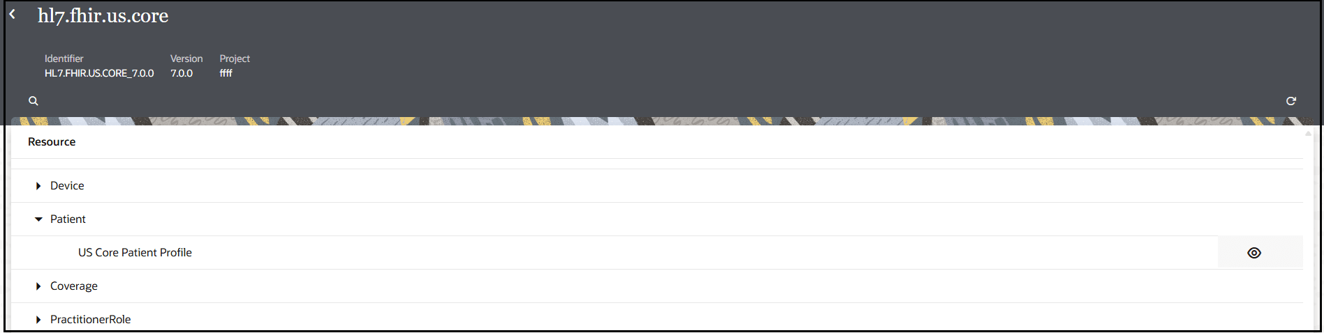 このページには、プロファイル・パッケージ名が上部に表示されます。 識別子とバージョンの値が表示されます。 以下は「リソース」セクションです。 リソースの1つが展開されて内容が表示され、「表示」アイコンが選択されています。 