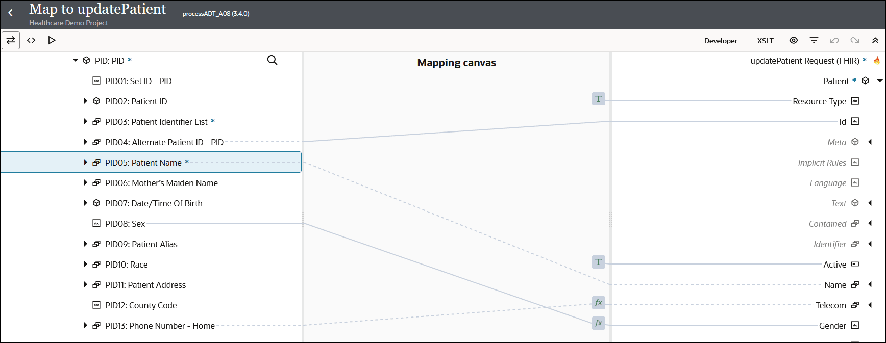ターゲットPID:PID要素が展開され、要素セットID、患者ID、患者識別子リスト、代替患者IDが表示されます - PID、患者名、性別、電話番号 - Home.