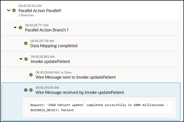 パラレル・アクション・ブランチ1が展開されます。 「Invoke updatePatient」で受信した「Wire Message」という名前のマイルストーンが展開され、患者の更新が成功したことを示すメッセージが表示されます。 
