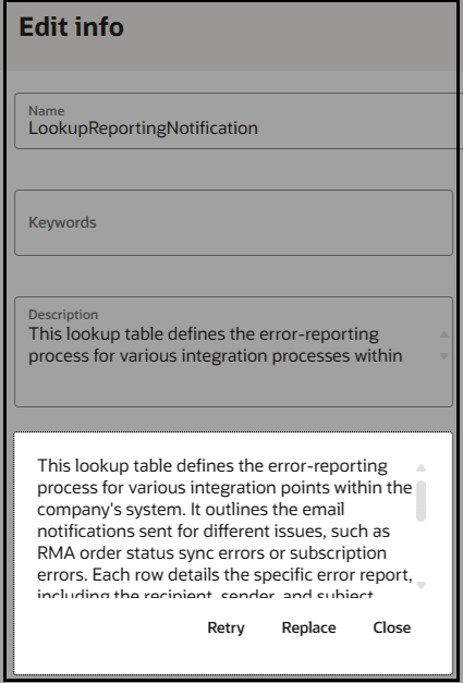 「情報の編集」パネルには、「名前」、「キーワード」および「説明」のフィールドが表示されます。 参照の説明が表示されます。 「再試行」ボタン、「置換」ボタンおよび「クローズ」ボタンが摘要の下部に表示されます。 
