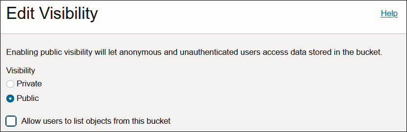 「可視性の編集」ページには、「プライベート」および「パブリック」のラジオ・ボタンが表示されます。 「このバケットからのオブジェクトのリストをユーザーに許可」チェック・ボックスも表示されます。 「可視性の編集」ページには、「プライベート」および「パブリック」のラジオ・ボタンが表示されます。 「このバケットからのオブジェクトのリストをユーザーに許可」チェック・ボックスも表示されます。