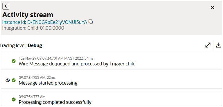 アクティビティ・ストリームには、子統合に関する詳細が表示されます。 展開アイコンとダウンロード・アイコンが上部に表示されます。 その後は、子アクティビティ・ストリームのメッセージです。 