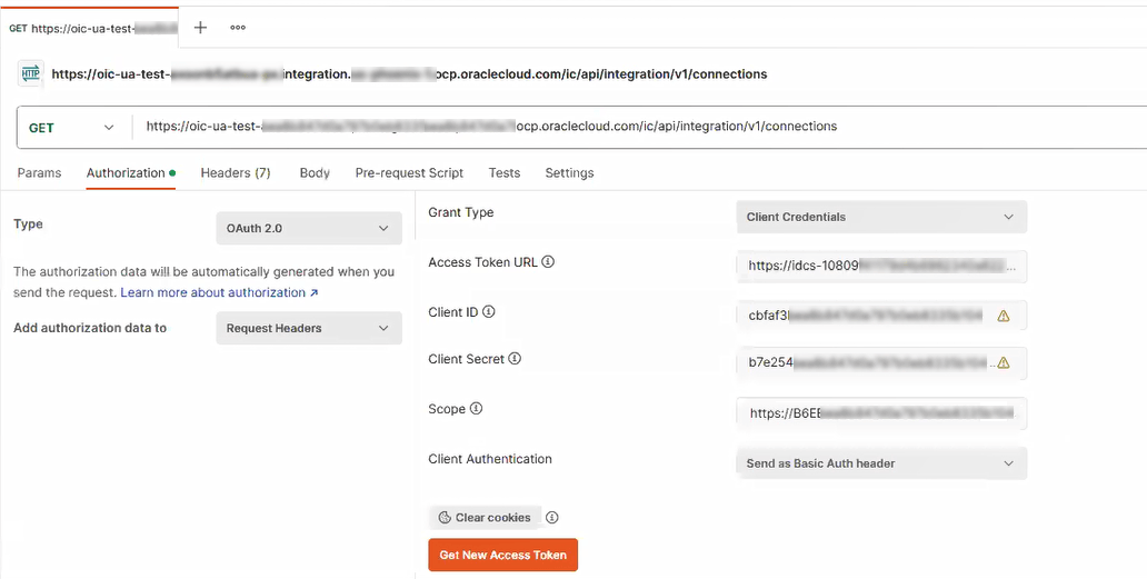 「Postman Configuration」ページで「Authorization」タブが選択されている場合、上部から下部に「Grant Type」、「Access Token URL」、「Client ID」、「Client Secret」、「Scope」、「Client Authentication」というフィールドがあります。 「新規アクセス・トークンの取得」ボタンもあります 