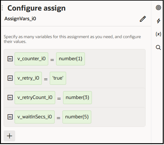 「割当ての構成」パネルには4つの変数が表示されます。 retryCount変数は3回の再試行に設定され、waitinSec変数は5秒に設定されます。 