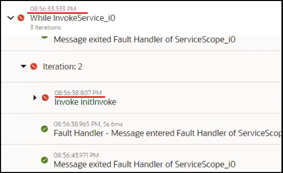 アクティビティ・ストリームには、1回目と2回目の反復(再試行)を表示するように展開されたwhile InvokeService_0アクションが含まれています。 各再試行が失敗しました。 各再試行は5秒ごとに試行されました。 