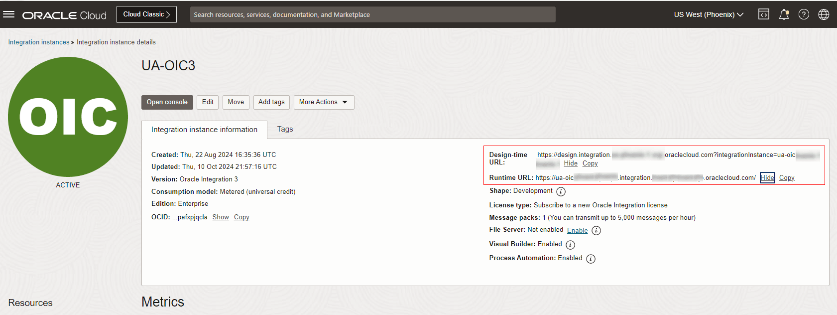 デザインタイムおよびランタイムURLが強調表示されたOracle Integrationインスタンス・ページ。