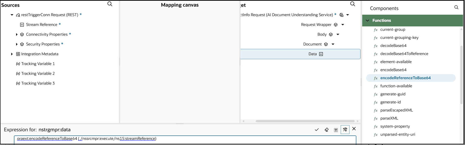 マッパーには、「ソース」、「マッピング」キャンバスおよび「ターゲット」セクションが表示されます。 ターゲットの「関数」リストが表示されます。 encodeReferenceToBase64関数が選択されています。 encodeReferenceToBase64関数は、下部にある式ビルダーに表示されます。 ソース・ストリーム参照が関数にドラッグされました。 マッパーには、「ソース」、「マッピング」キャンバスおよび「ターゲット」セクションが表示されます。 ターゲットの「関数」リストが表示されます。 encodeReferenceToBase64関数が選択されています。 encodeReferenceToBase64関数は、下部にある式ビルダーに表示されます。 ソース・ストリーム参照が関数にドラッグされました。