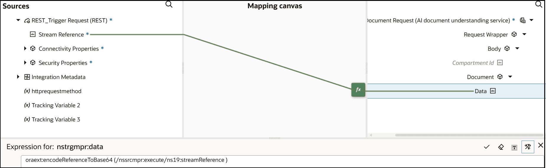 ソース、マッピング・キャンバスおよびターゲット・セクションが表示されます。 ソース・ストリーム参照要素はターゲット・データ要素にマップされます。 