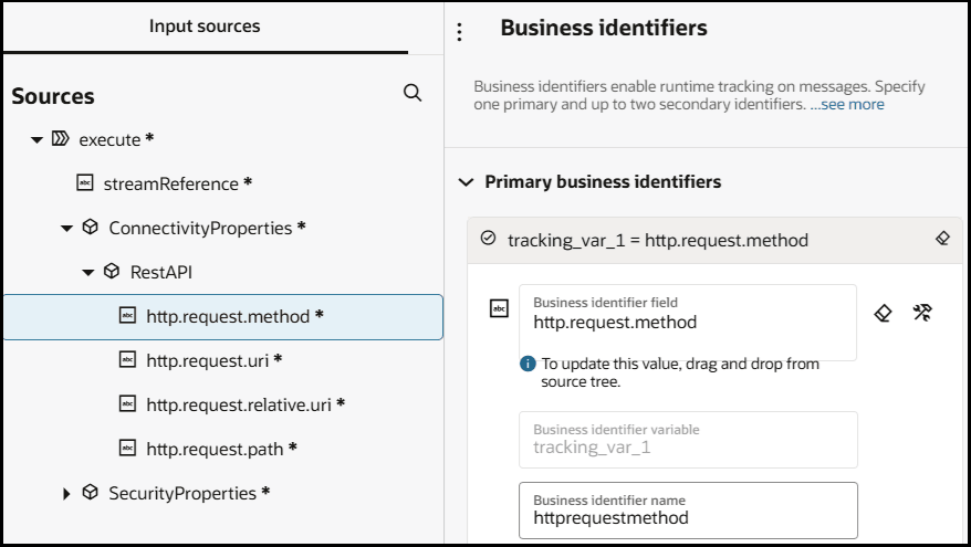「ビジネス識別子」セクションが表示されます。 左側では、入力ソース・ツリーが展開され、http.request.methodが選択されています。 そのパラメータは「プライマリ・ビジネス識別子」フィールドにドラッグされています。 「ビジネス識別子」セクションが表示されます。 左側では、入力ソース・ツリーが展開され、http.request.methodが選択されています。 そのパラメータは「プライマリ・ビジネス識別子」フィールドにドラッグされています。