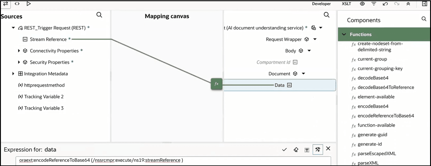ソース、マッピング・キャンバスおよびターゲット・セクションが表示されます。 ソース・ストリーム参照要素はターゲット・データ要素にマップされます。 式ビルダーには、ストリーム参照で構成されたencodeReferenceToBase64関数が表示されます。 