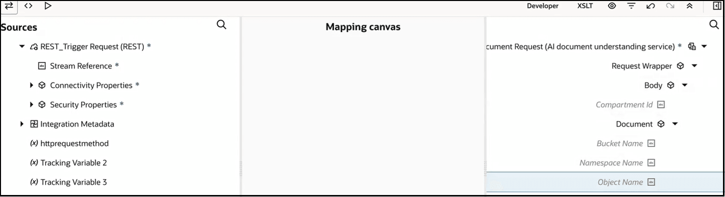 ソース、マッピング・キャンバスおよびターゲット・セクションが表示されます。 ターゲットの「ドキュメント」要素には、バケット名、ネームスペース名およびオブジェクト名のサブ要素が表示されます。 