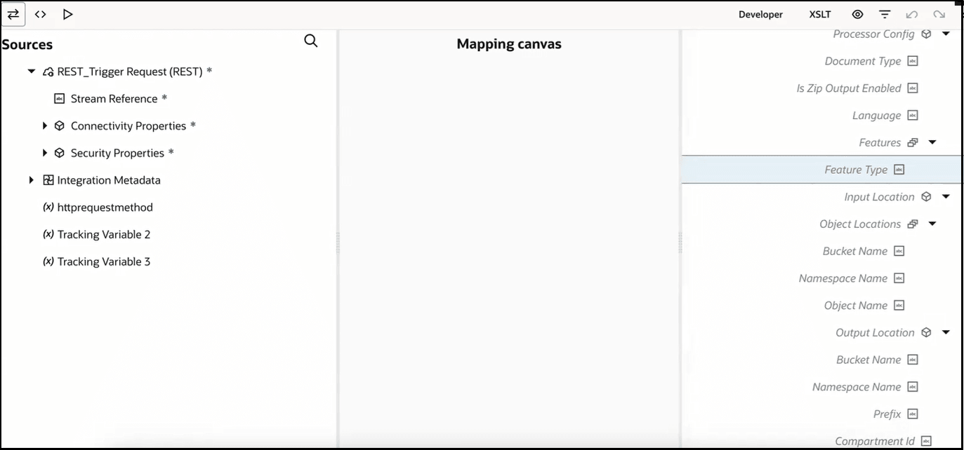 ソース、マッピング・キャンバスおよびターゲット・セクションが表示されます。 ターゲット機能タイプ要素が表示されます。 ターゲットの「入力ロケーション」要素の下に、「オブジェクトのロケーション」、「バケット名」、「ネームスペース名」および「オブジェクト名」が表示されます。 ターゲットの出力ロケーション要素の下に、バケット名、ネームスペース名、プレフィクスおよびコンパートメントIDが表示されます。 