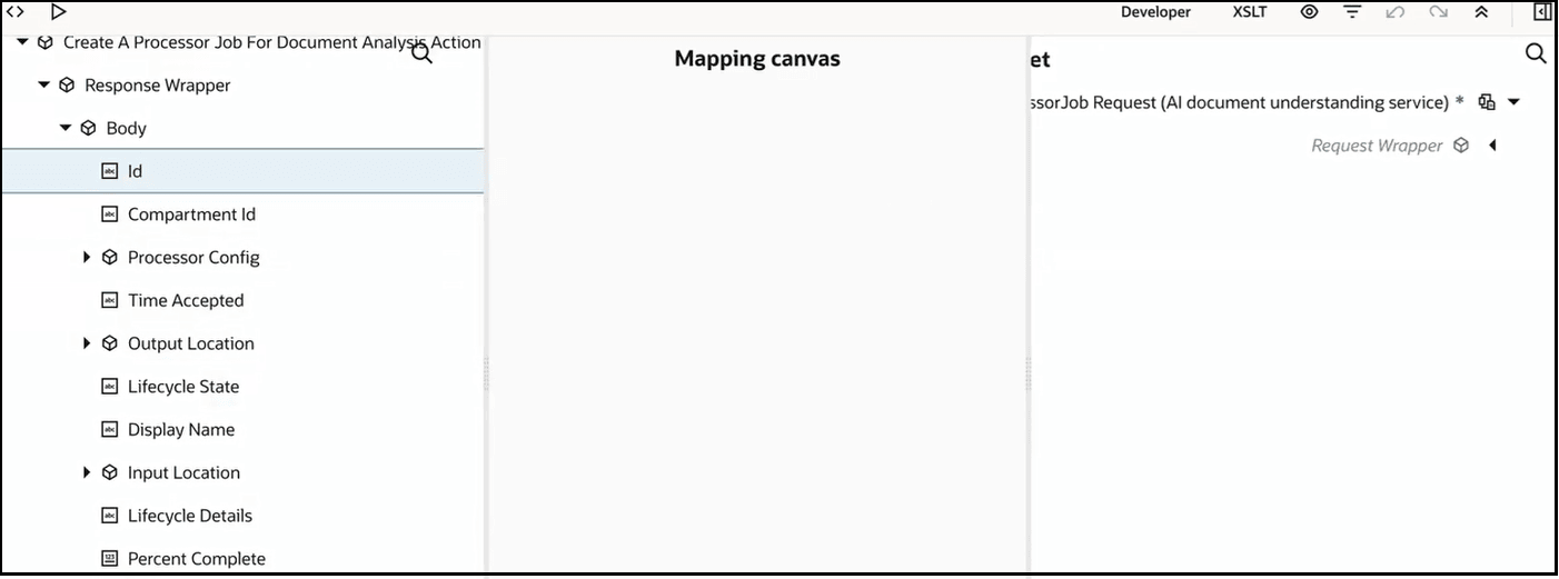 ソース、マッピング・キャンバスおよびターゲット・セクションが表示されます。 ソースBody要素が展開され、使用可能なサブ要素が表示されます。 