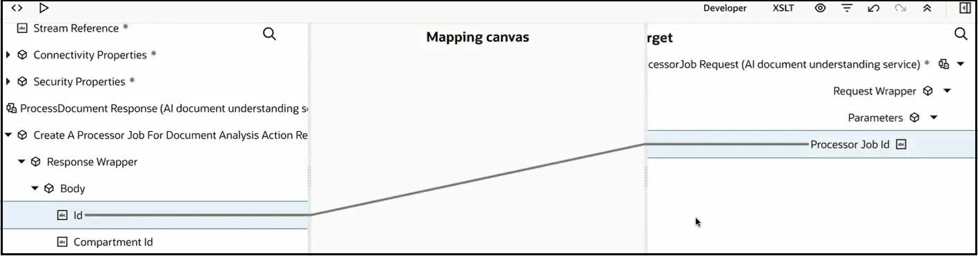 ソース、マッピング・キャンバスおよびターゲット・セクションが表示されます。 ソース本文要素の下で、IDはターゲット・プロセッサ・ジョブIDにマップされます。 