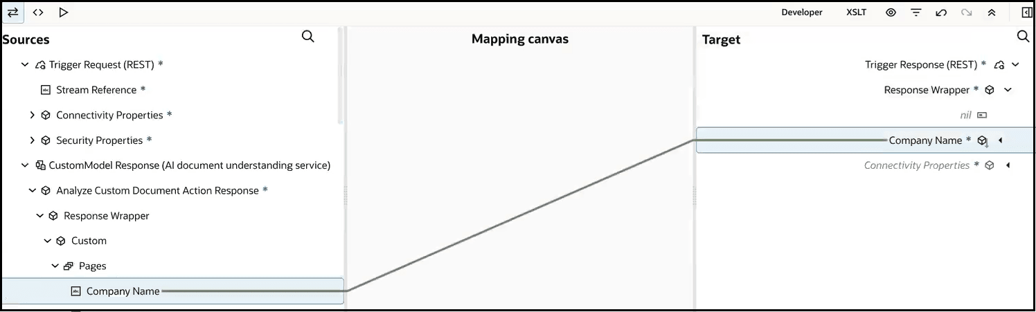 マッパーには、「ソース」、「マッピング」キャンバスおよび「ターゲット」セクションが表示されます。 ソースの会社名がターゲットの会社名にマップされます。 