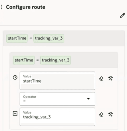 ルートの構成パネルには、上部に編集アイコンが表示されます。 その下には定義された式があります。 その下には値、操作および値フィールドがあります。 各フィールドにはClearおよびDeveloper Modeアイコンがあります。 
