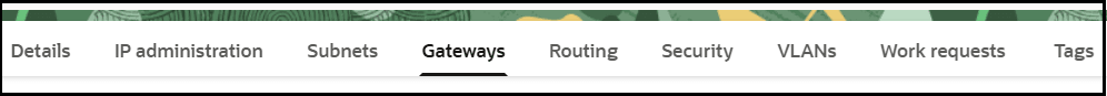 メニュー・バーには、詳細、IP管理、サブネット、ゲートウェイ、ルーティング、セキュリティ、VLAN、作業リクエストおよびタグのタブが表示されます。