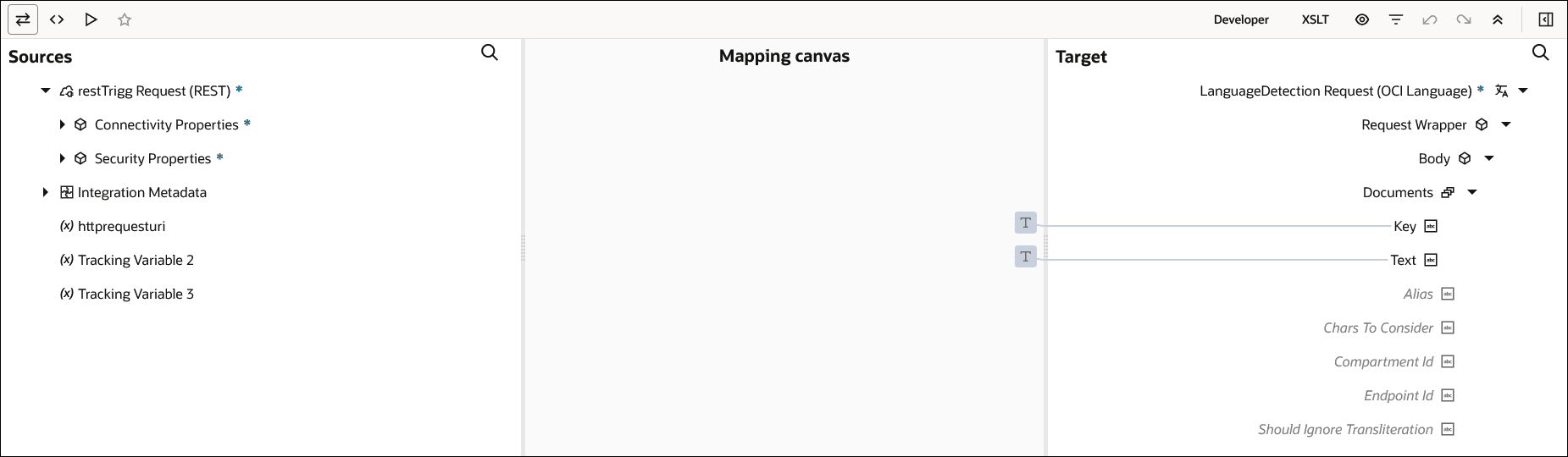 ソース、マッピング・キャンバスおよびターゲット・セクションが表示されます。 ターゲットのキー要素とターゲットのテキスト要素が設定されます。 