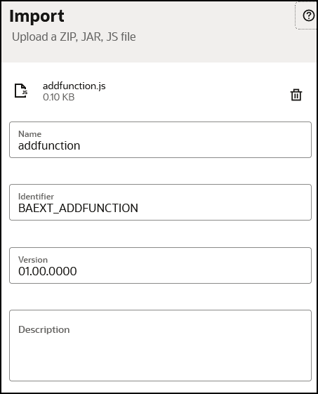 「インポート」パネルは、ライブラリ・ファイル名を上部に表示します。 この下には、「名前」、「識別子」、「バージョン」および「摘要」のフィールドがあります。 