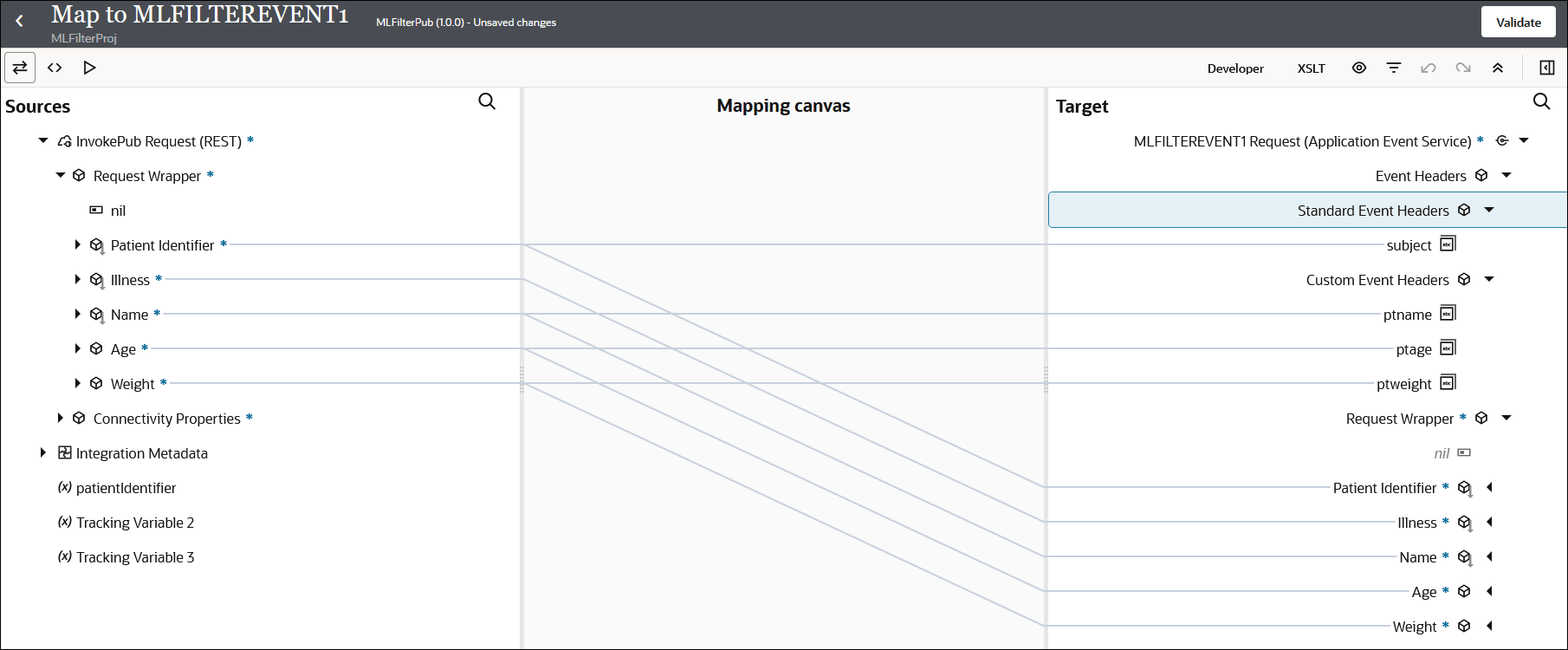ソース、マッピング・キャンバスおよびターゲット・セクションが表示されます。 ターゲット・エレメントにマッピングされているソース・エレメントについては、このイメージで説明します。 ソース、マッピング・キャンバスおよびターゲット・セクションが表示されます。 ターゲット・エレメントにマッピングされているソース・エレメントについては、このイメージで説明します。