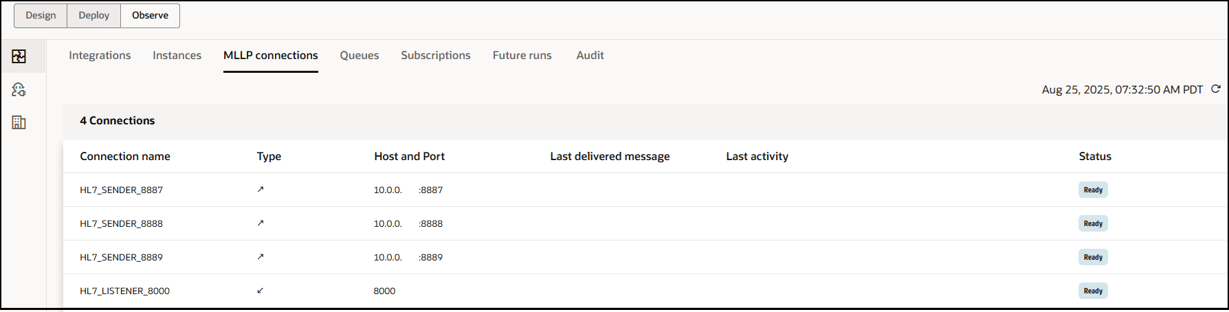 デザイン、デプロイおよび観測(選択されている)タブが表示されます。 この下には、「統合」、「インスタンス」、「MLLP接続」(選択済)、「キュー」、「サブスクリプション」、「将来の実行」および「監査」タブがあります。 この下には、接続名、タイプ、ホストおよびポート、最終配信メッセージ、最終アクティビティおよびステータスの行を含む「接続」表があります。 タイムスタンプが「ステータス」列の上に表示されます。 