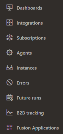 ナビゲーション・ペイン: ダッシュボード、統合、エージェント、インスタンス、エラー、将来実行およびB2Bトラッキングの選択が表示されている可観測性サブメニュー