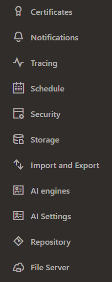 ナビゲーション・ペイン: 証明書、通知、トレース、スケジュール、セキュリティ、ストレージ、インポートおよびエクスポート、AIエンジン、AI設定、リポジトリおよびファイル・サーバーの選択を表示する「設定」サブメニュー